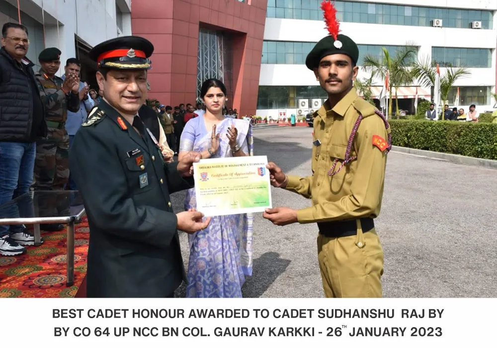 NCC cadet receiving recognition at Ambalika Institute event – Best Engineering College in Lucknow UP